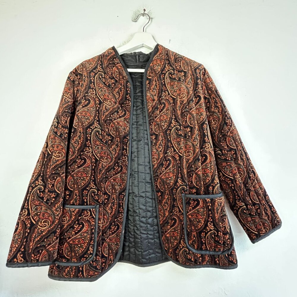 Womens Quilted Paisley Tapestry Jacket With Pockets Black Multicolor Lightweight